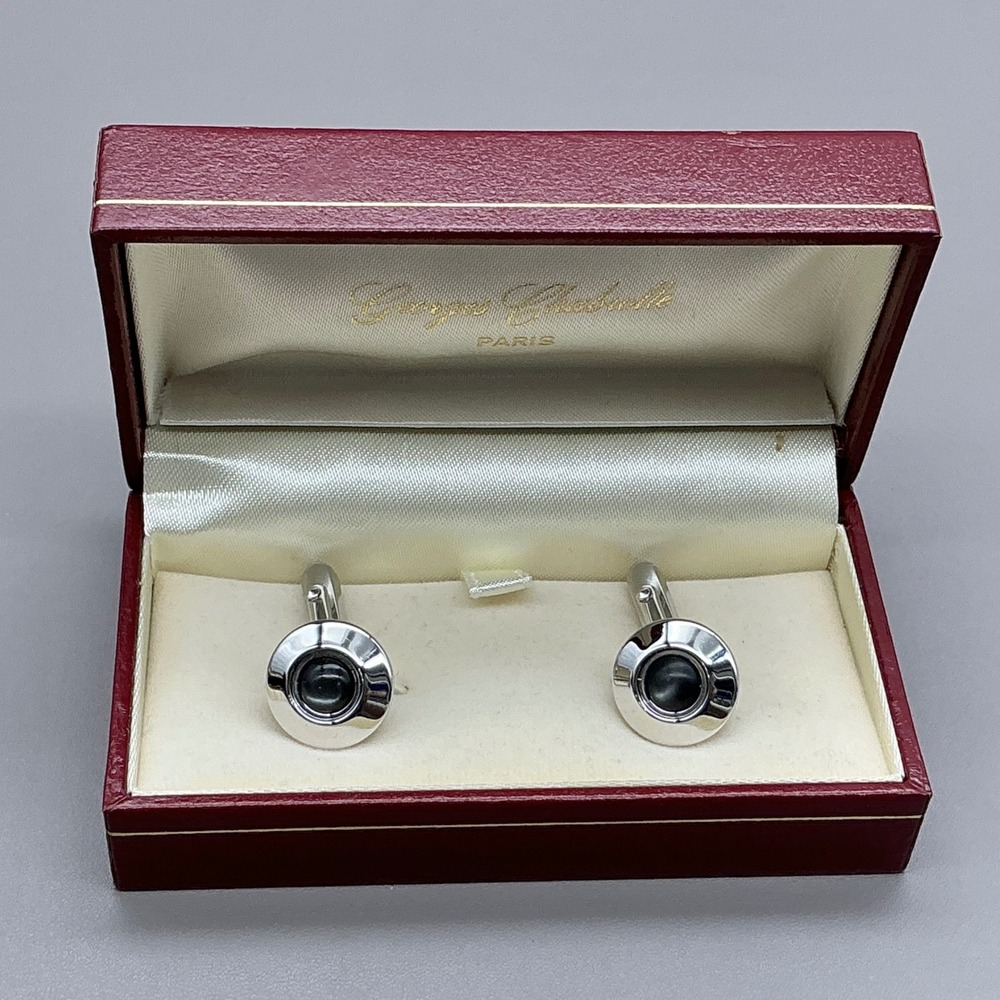 Vintage Georges Chabrolle Paris Cufflinks Silver Tone Black Enamel With Box